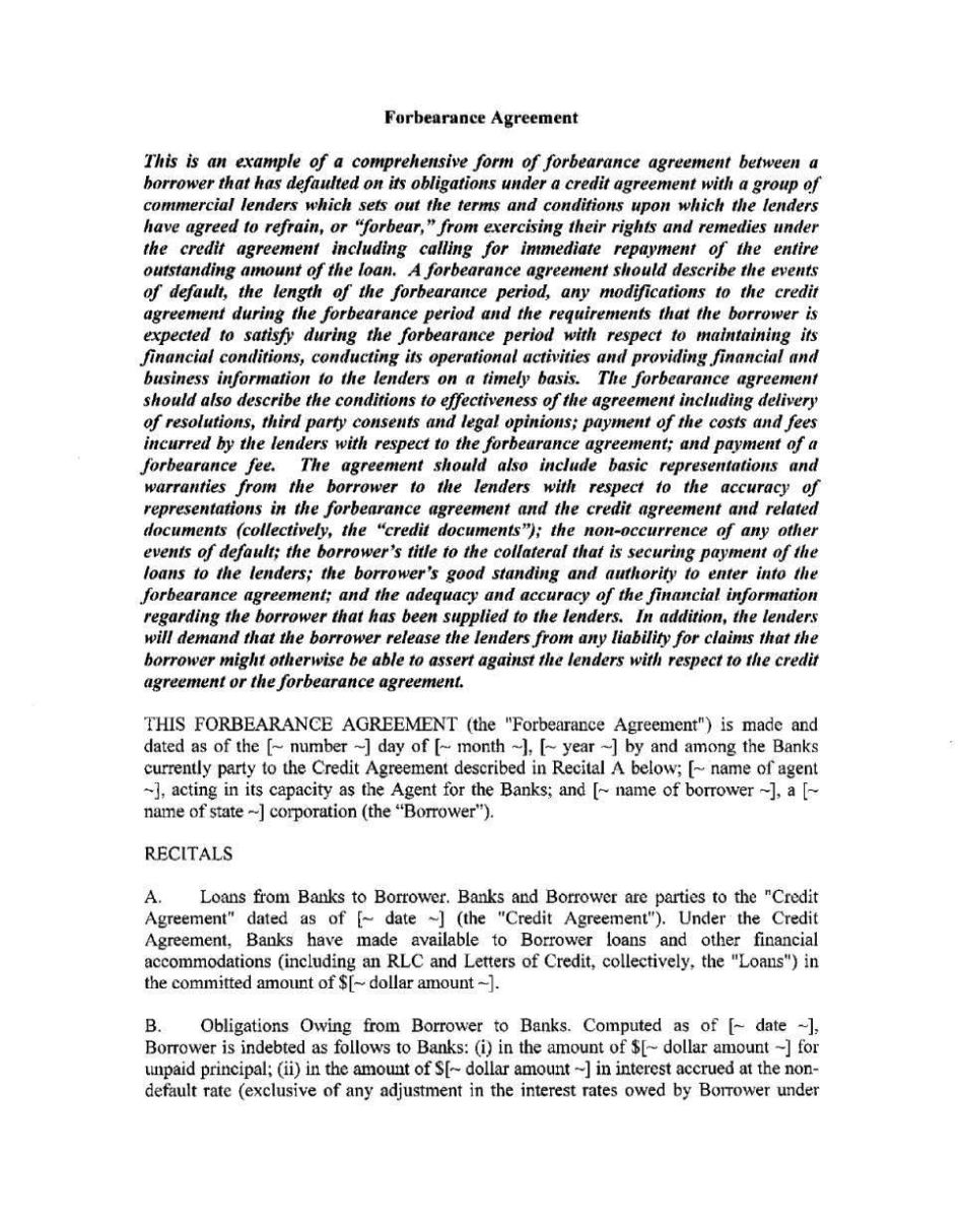 Forbearance Agreement Template Forbearance Agreement Template